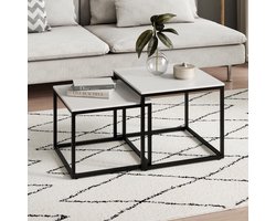 Salontafel Set van 2 Vierkant Houten Tafels met Metaal Frame - Modern Loft Design - Nestbare Bijzettafels voor Woonkamer en Kantoor - Wit