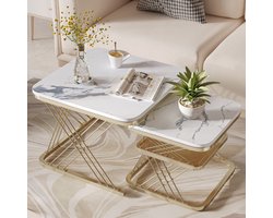 Salontafel Set van 2 – Vierkant met Marmer Look & Goud Metaal – Nestbare Bijzettafels met Opbergruimte – Modern Design