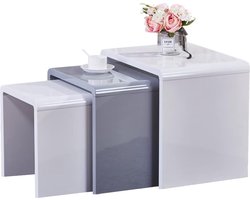 Salontafel, set van 3 hoogglans, moderne bijzettafeltjes voor woonkamer, slaapkamer en kantoor (wit en grijs) [Energieklasse A++]