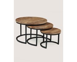 Salontafel Set van 3 Mangohout – Rond – Rustiek – Industrieel