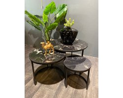 Salontafel Set van 3 – Rond Marmerlook & Zwart Metaal – Luxe Nesting Design