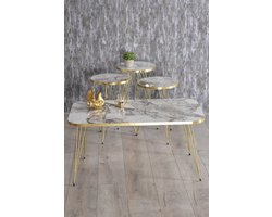 Salontafel Set - Wit Marmeren Look - Set van 4 - Wit en Marmer - Luxe Design - Bijzettafel - Sofa tafel Ovaal - Woonkamer Tafel - Salon Tafel - Bijzettafel en salontafel - Kr Set Goud Efes