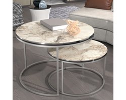 Salontafel Skagen set van 2 rond marmer wit en zilverkleurig