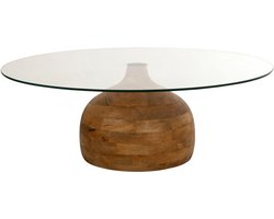 Salontafel Stella Rond Massief Mangohout Helder Glas - 100x100x35 cm - Grote glazen salontafel - Design koffietafel - Moderne ronde houten tafel