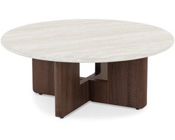 Salontafel STOL, rond, 80 cm, met lichte travertin-look – beige/notenhout