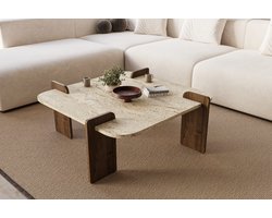 Salontafel Travertin Steenlook Beige – Moderne Loungetafel Met Houten Poten – 90x90