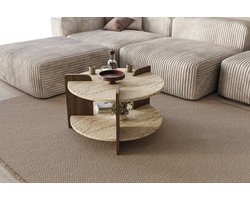 Salontafel Travertin Steenlook Beige – Ronde Loungetafel Met Houten Poten – 70x45 cm