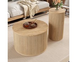 Salontafel - twee ronde tafels - bijzettafel met massief houten blad - multifunctionele woonkamer tafel