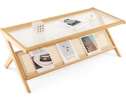 Salontafel van bamboe, rechthoekige bijzettafel met glazen tafelblad van 120 x 56 cm, kleine tafel met handgevlochten rotan opbergvak voor woonkamer, slaapkamer