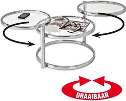 Salontafel – Verchroomd staal met draaibare glazen bladen – 140 cm breed, 50 cm diep, 43 cm hoog – Luxe model