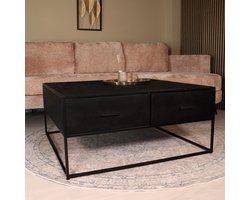 Salontafel vierkant industrieel mangohout 100cm Besti zwart visgraat side table 2 lades duurzaam mango hout bijzettafel