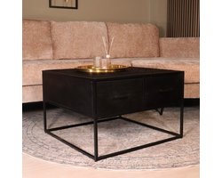 Salontafel vierkant industrieel mangohout 70cm Besti zwart visgraat side table 2 lades duurzaam mango hout bijzettafel