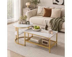 Salontafel Vierkante - Set van 2 - schuifbare bijzettafel - met 4 Niveaus - bijzettafelset voor woonkamer - Wit Marmerpatroon - Metalen frame - 80/52 cm - Goud