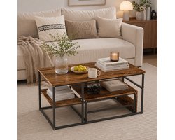 Salontafel voor de woonkamer - Set van 2 - stalen frame met plank - walnootkleurige bijzettafel - industriële en Scandinavische stijl - 105x52x50cm
