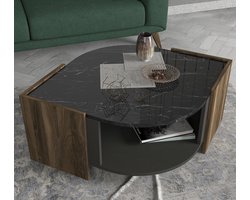 Salontafel walnoot met marmerlook – modern design met opbergruimte 75x75 cm
