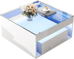 Salontafel wit - hoogglans salontafel - met LED verlichting - 2 lades en gehard glas - 60kg draagvermogen - voor moderne woonkamer - 70x70x35 cm - Wit