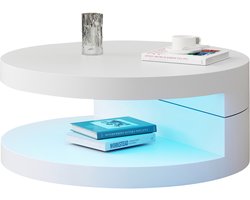 Salontafel Wit - Ronde Woonkamertafel - 360 Graden Draaibaar - Met LED Verlichting - 2 Lagen Opbergruimte - Voor Woonkamer - 70x70x35,5cm - Wit