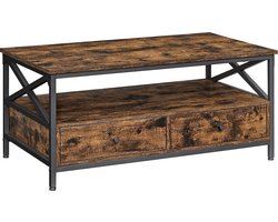 Salontafel, woonkamertafel, banktafel, voor woonkamer, met laden, X-vormige stutten, open vak, industrieel design, vintage bruin-zwart