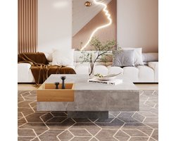 Salontafel, woonkamertafel, bijzettafel met afneembare opbergdoos, betongrijs en houtkleur, 72*72*30 cm.