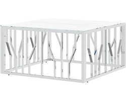Salontafel - Woonkamertafel - Decoratie en snacks - Marmerlook glasplaat - 80 x 80 x 40 cm - Zilver en wit