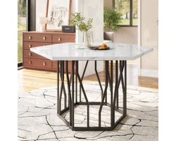 Salontafel – Woonkamertafel – Koffietafel – Bijzettafel – Lounge Tafel – Vintage Marmerlook – Zwart Stalen Frame – Compact 2-Persoons – Kant-en-Klaar Monteren