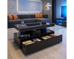 Salontafel Zwart Hoogglans – ADFBL - Met RGB LED Verlichting & 2 Lades – Modern Design – 104x53x46cm - Salontafel