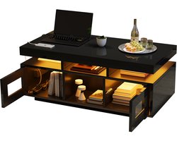 Salontafel zwart hoogglans - Moderne woonkamertafel - RGB LED verlichting - Stopcontact en USB poort - 2 kasten - Voor woonkamer - 100x50x43cm - Zwart