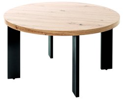 Salontafel – Zwart staal met licht eiken MDF blad – 75 cm diameter, 42 cm hoog – Stevig en stijlvol design