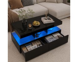 Salontafels Koffietafel - Salontafel Met LED Verlichting En 2 Lades - Sterk 60kg - Woonkamer Tafel - 105x53x46cm - Spaanplaat - Zwart