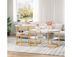 Salontafels Set - Bijzettafels Koffietafels - Woonkamer Decoratie - Uitschuifbaar Stapelbaar - 80x46x61cm + 52x51cm - Goud