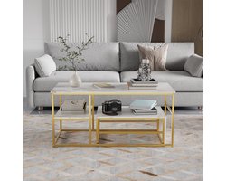 Salontafels Set van 2, Bijzettafels, Marmerlook met Metalen Frame en Plank, Rechthoekige Salontafel, Woonkamertafel, Banktafel voor Woonkamer, Slaapkamer (Wit + Gouden Kader)