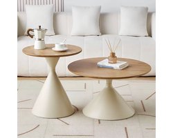 Salontafels - Set van 2 - Rond - Bijzettafels - ø50cm en ø70cm - Koffietafel - Woonkamer tafel - Salon tafel - Bijzettafel - Hout tafelblad - Wit/Hout