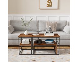 Salontafels - zwart metalen frame - houtnerf afwerking - afgeronde hoeken - verstelbare voetenbank - twee opbergvakken - kan als twee aparte tafels worden gebruikt - 52x105x48 cm (LxBxH) - vintage stijl - bruin