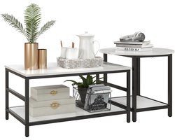 Salontafelset, 2 Bijzettafels, Marmerlook, Verstelbare Poten, Staal, Zwart/Wit