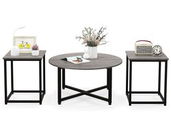Salontafelset – 3-delig: 1 ronde tafel en 2 vierkante bijzettafels, stevig metalen frame – Walnoot/Wit/Grijs