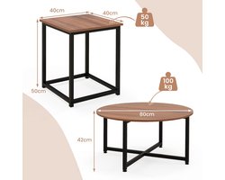 Salontafelset – 3-delig: ronde tafel + 2 vierkante bijzettafels, stevig metalen frame – Walnoot/Wit/Grijs