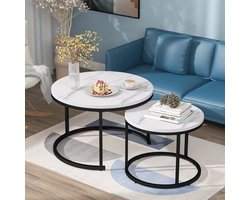 Salontafelset - Bijzettafels - nesttafels - Woonkamer inrichten - Marmerlook tafelbladen - 50x70.5cm & 45.5x44cm - Wit