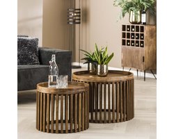 Salontafelset | Ø65/Ø50 cm | bijzettafels | rond | massief mango hout | zandkleur | met opbergruimte