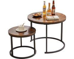 Salontafelset rond, bijzettafel in 2 maten, 2-delige woonkamertafel, koffietafelset, eenvoudige montage, industrieel design, vintage bruin-zwart