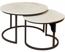 Salontafelset Rond set van 2 - Mangohout - Bijzettafels Set van 3 - Salontafel Rond - Bijzettafeltjes Woonkamer - Salon Tafel Mangohout Rond - Salontafel industrieel Landelijk - Tafeltje Set 2 stuks Wit Marmer