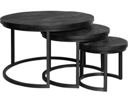 Salontafelset Rond set van 3 - Mangohout Zwart - Bijzettafels Set van 3 - Salontafel Zwart Rond - Bijzettafeltjes Woonkamer - Salon Tafel Mangohout Rond - Salontafel industrieel Landelijk - Tafeltje Set 3 stuks Zwart