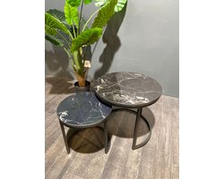 Salontafelset – Set van 2 – Rond Marmer Composiet & Zwart Metaal – Luxe Design