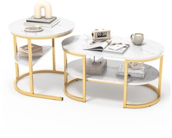 Salontafelset, tweedelige set met in elkaar schuifbare tafel, bijzettafel, woonkamertafel met plank, stapelbare banktafel, goud