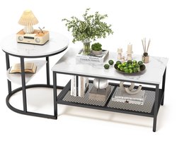 Salontafelset, tweedelige set met in elkaar schuifbare tafel, bijzettafel, woonkamertafel met plank, stapelbare banktafel, zwart