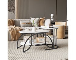 Salontafelset van 2 ronde en ovale salontafels, moderne salontafelset, marmerfineer en metalen frame, salontafel voor woonkamer, balkon en kantoor (wit + zwart frame)