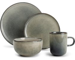 Salt & Pepper Serviesset Meridian - Groen/Blauw - 16-delig voor 4 personen - Dinerborden, ontbijtborden, kommen en bekers - Modern design - Keramiek - Tafelservies - Keuken accessoires
