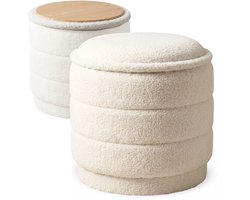 Salvik Poef Rond - Opbergpoef - Omkeerbare Deksel - Teddy Crème - Poef met opbergruimte - Omkeerbaar als Salontafel - Opbergbox - Zitbankje - Bankje - 38cm