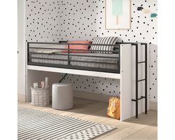 Sam Halfhoogslaper met Uitschuifbaar Bureau – 90 x 200 cm – Wit/Zwart – Ladder Links/Rechts – Inclusief Lattenbodem