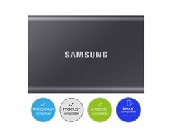 Samsung Portable T7 - Externe SSD - USB C 3.2 - Inclusief USB C en USB A kabel - Geschikt voor iPhone USB C - 2 TB - Grijs
