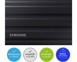 Samsung Portable T7 Shield - Externe SSD - USB C 3.2 - Inclusief USB C en USB A kabel - Geschikt voor iPhone USB C - 1 TB - Zwart